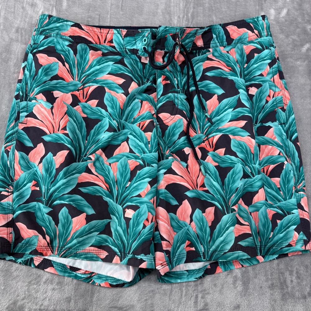 American Eagle Swim Trunks Mens LargeTropical Leaf Board Shorts Teal Coral Pink